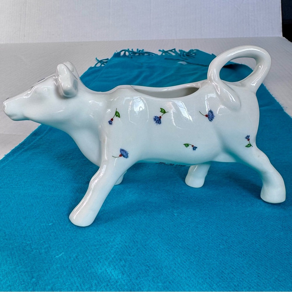 NWOT Vintage Cordon Bleu white porcelain Cow Creamer with 3-color Floral Design